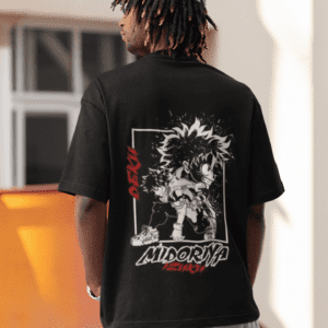 Midoriya Black Printed Over sized Down Shoulder T-shirt