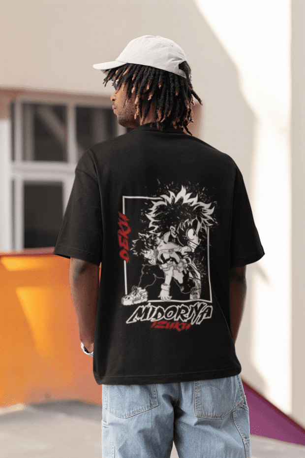 Midoriya Black Printed Over sized Down Shoulder T-shirt