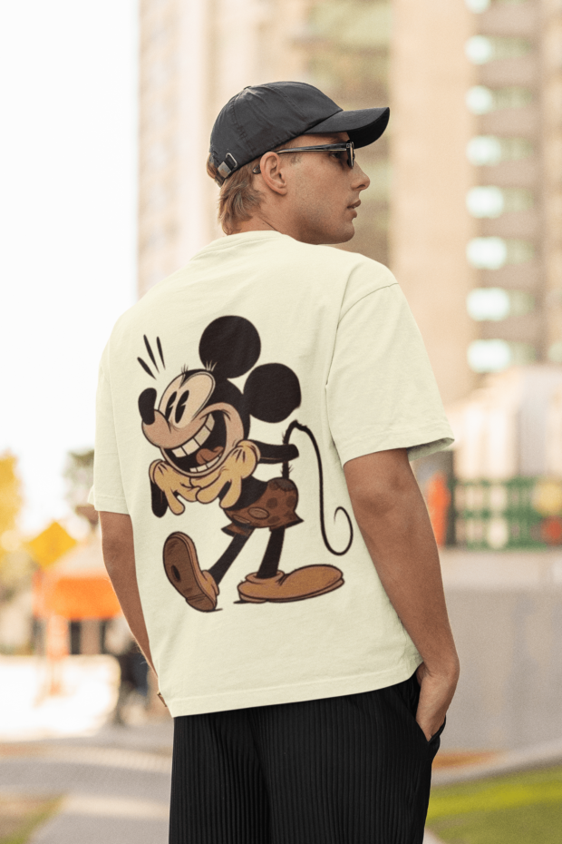 Mickey-Printed Over sized Down Shoulder T-shirt