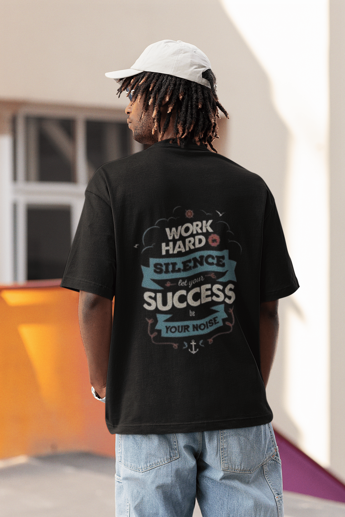 Work Hard Black Printed Over sized Down Shoulder T-shirt